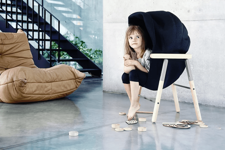 Mia is a hoodie chair, and when the child feels overwhelmed, they can pull up the cocoon and partly isolate from others