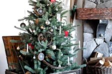 02 a rustic Christmas tree with antlers, wood slice ornaments, a twig star on top, branches and an antique crate as a base
