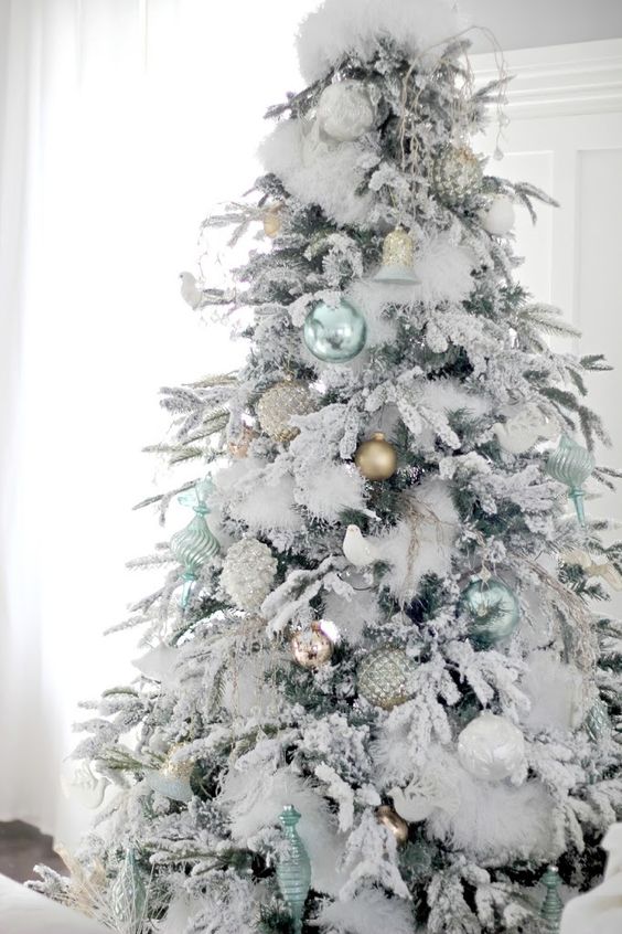 a flocked Christmas tree with faux fur, mint, silver and other metallic ornaments for a storng winter feel