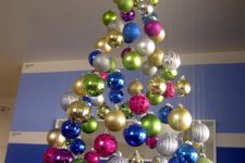 06 a super colorful floating Christmas tree of bright ornaments, shiny, matte and glitter ones