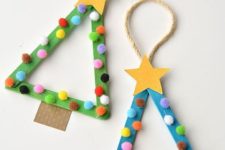 08 simple Christmas ornaments made of colorful popsicle sticks, pompoms and cardboard stars