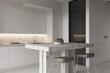 09 off-whites and greys make the kitchen airy, a stone kitchen island highlights the texture