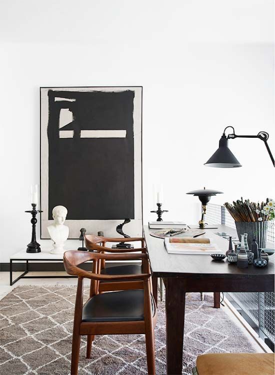 a graphic moody artwork is a perfect fit for the space, it screams masculine in this home office