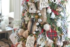 11 a gorgeous rustic meets traditional Christmas tree with jingle bells, burlap ornaments and buntings, plaid ribbons, yarn balls and fake berries
