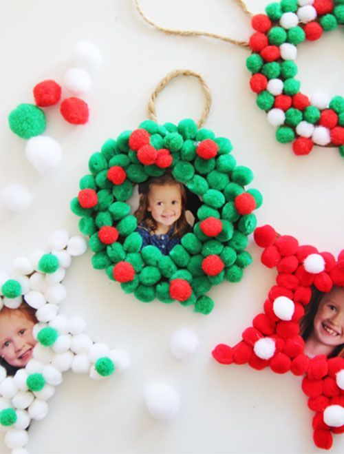 cute family-like pompom ornaments with photos inserted are a great gift or decoration for Christmas