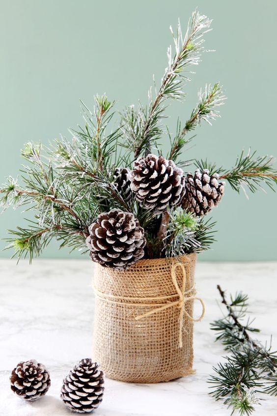 a cool Christmas centerpiece or decoration of snowy evergreens and pinecones in a tin wrapped with burlap