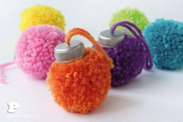 colorful Christmas ornaments made of pompoms and tin tops will add a lot of fun to your tree