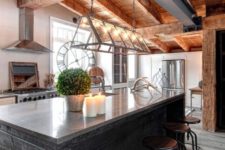 14 exposed wooden beams on the roof with lamps hanging from them for a fresh modern rustic look