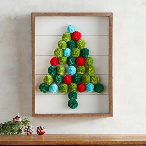 a Christmas tree artwork made of colorful pompoms in a frame, it's very easy to make