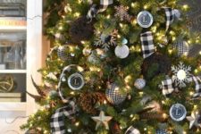 19 a rustic meets traditional Christmas tree with plaid ornaments and ribbons, pinecones and vine balls