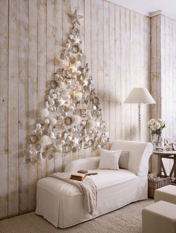 a glam all-white Christmas tree of fluffs, white and silver ornaments, stars and balls for a refined feel