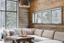 24 neutral upholstery is great for modern rustic spaces, and wood is a perfect match