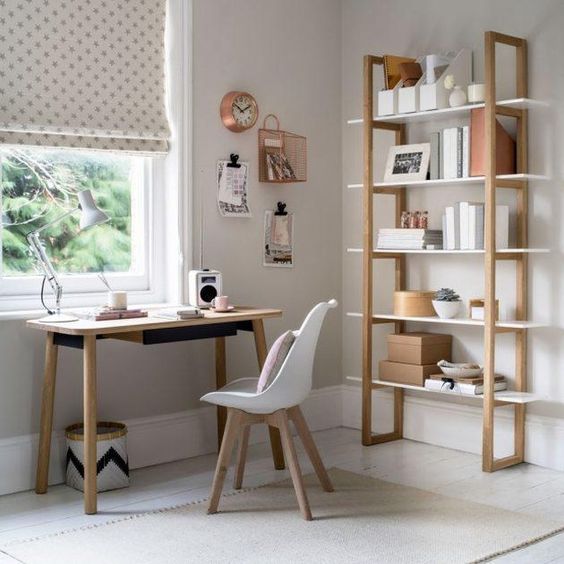 rock some neutral wooden furniture in your home office to raise its level of coziness