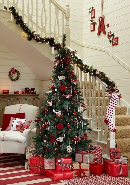 a traditional Scandi Christmas tree with red and white ornaments and candy canes hanging on the tree