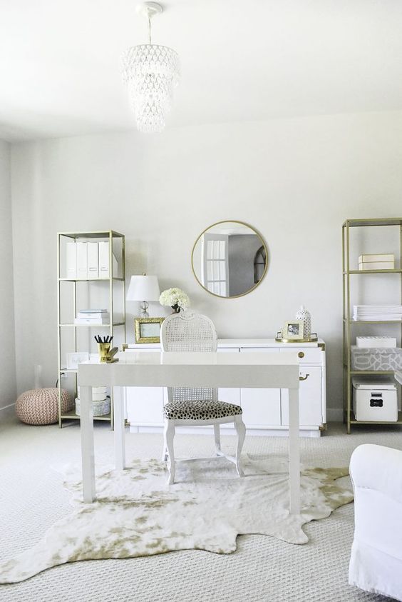 a very neutral home office is made catchier with metallics, faux animal skin and a leopard print