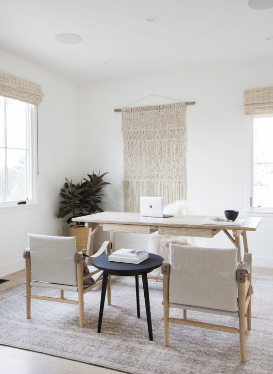 rock macrame, rugs, various upholstery for a boho and catchy look in your neutral home office