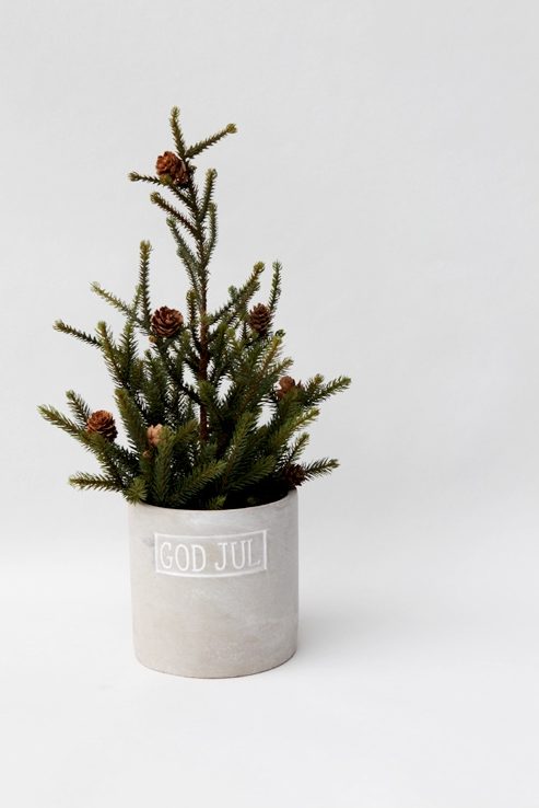 A modern small Christmas tree with pinecones in a planter is a cool and very natural looking decoration