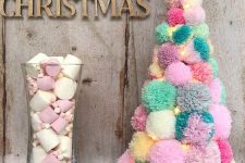 a pastel pompom tabletop Christmas tree with lights is a nice decoration for Christmas
