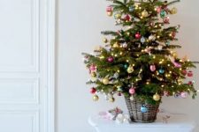 a small Christmas tree in a bakset, with lights and colorful ornaments is an adorable decoration for any space