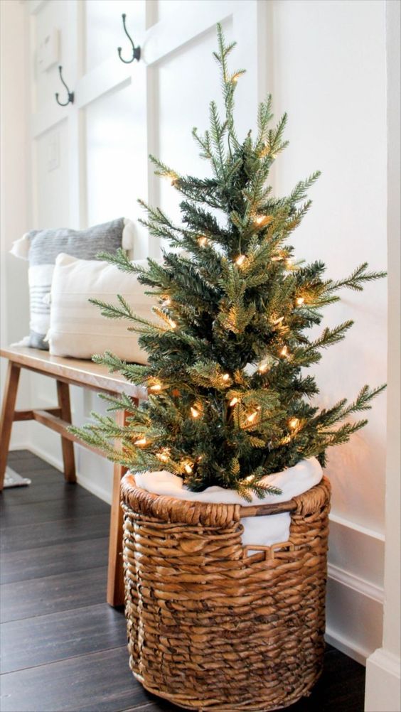 a stylish small Christmas tree decorated with lights and placed in a  basket is a cool idea for a rustic entryway