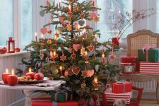 a traditional Scandi Christmas tree decorated with cookies and with printed gingham ornaments plus red candles is a great idea