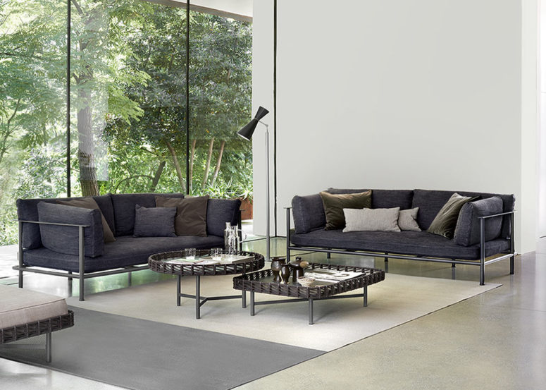 This modern and stylish furniture collection consists of sofas and tables and poufs for outdoors