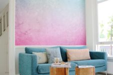 02 a bright turquoise to pink gradient wall is a gorgeous statement in the space, it brings much color