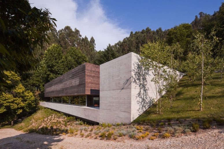 The steep slope meant that the house had to be embedded and it looks very impressive