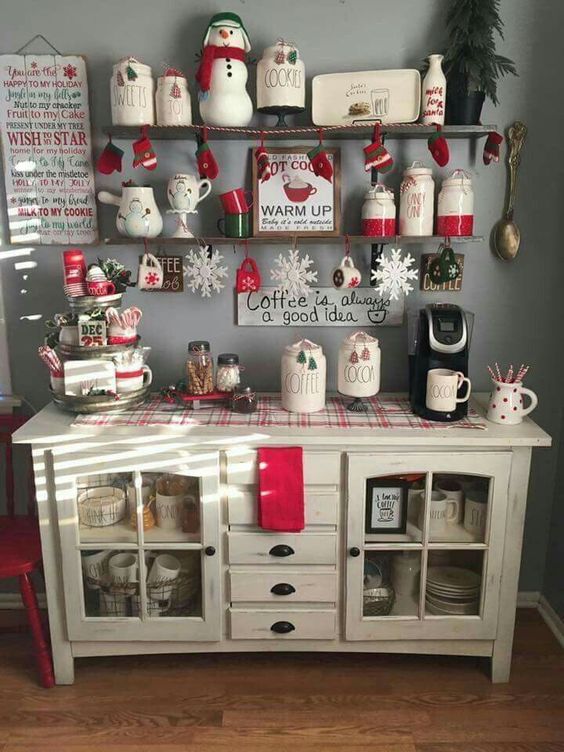 a beautifully organized Christmas chocolate and coffee station with snowflakes, penguins, polka dots and plaid touches