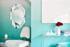 04 an ombre wall from white to turquoise with an alcove is a bold decoration idea to try
