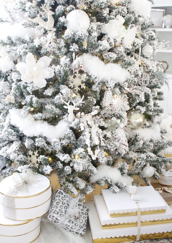 a flocked Christmas tree with ornaments of all kinds, fake blooms and faux fur in white brings you to winter wonderland