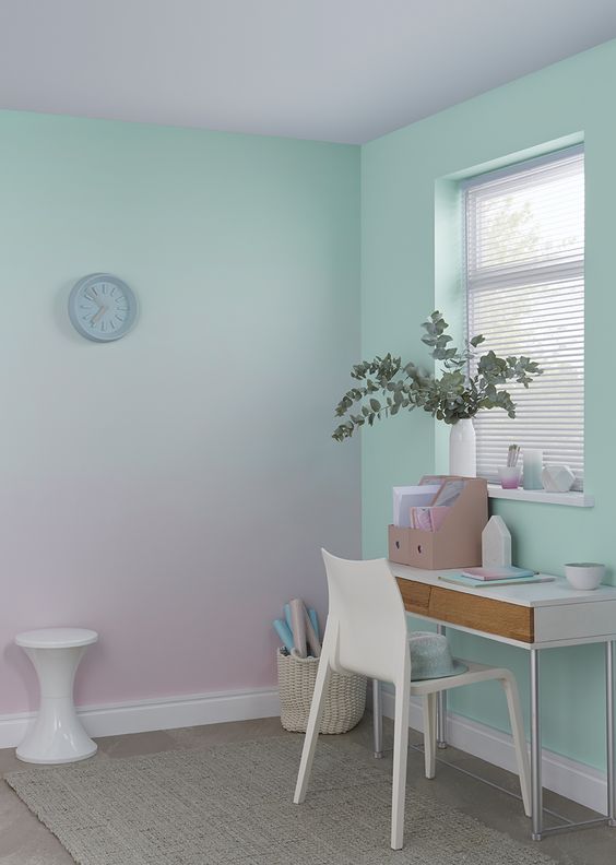 a gradient wall from mint to light pink is a chic idea for this girlish home office