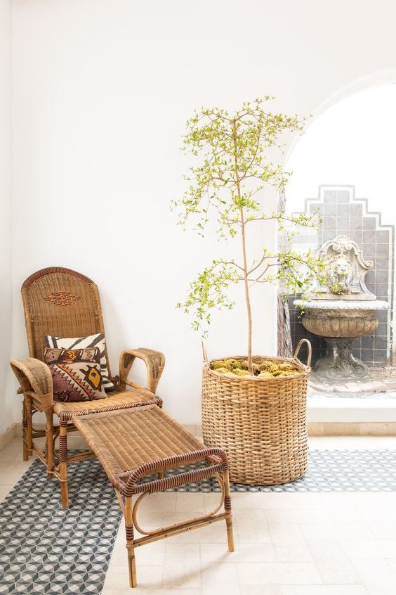 a neutral relaxing space with a wicker lounger and an olive tree in a basket with moss feels modern and Mediterranean