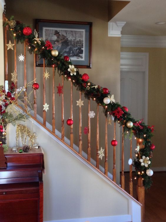 decorate the railing with evergreens and some ornaments of your choice, no floor space taken