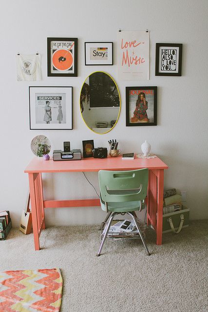 take a usual desk and paint it coral to make the desk trendier and bolder