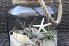 21 a large jar with a beach scene with sand, rocks, driftwood, air plants and seashells plus rope