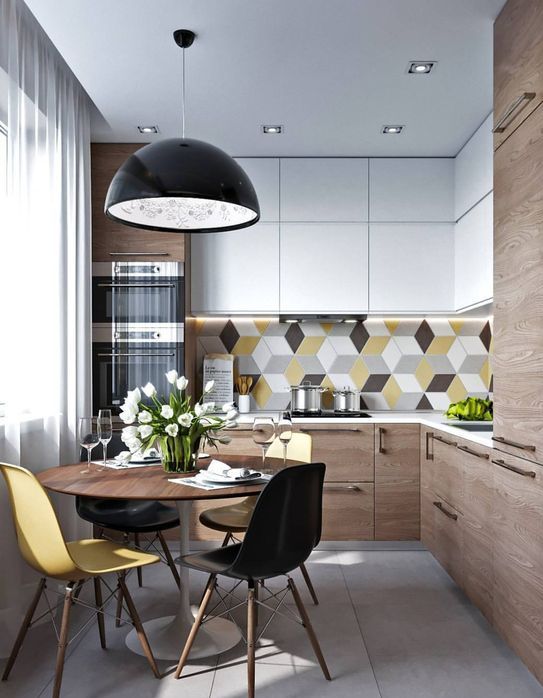 a modern and laconic kitchen accented with a colorful geometric backsplash