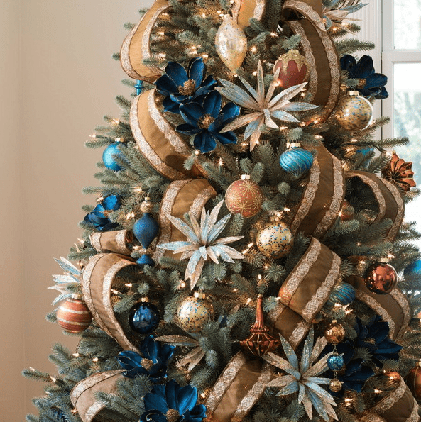 a bright Christmas tree done in chocolate, gold, navy and turquoise plus gorgeous ribbon with a gold trim