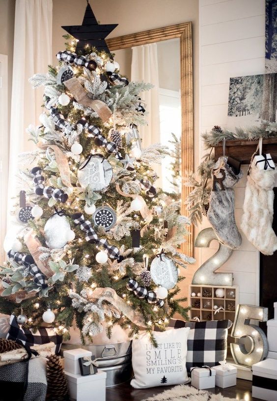 a monochromatic Christmas tree with black and white ornaments, lights, plaid and burlap ribbon for a rustic touch