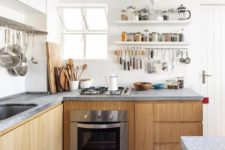 wooden kitchen with gorgeous minimalist concrete countertops
