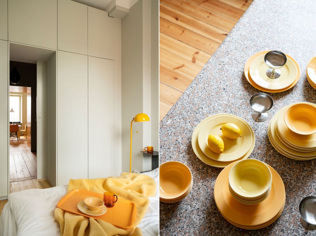 Yellows are integrated into the apartment decor everywhere, in each room