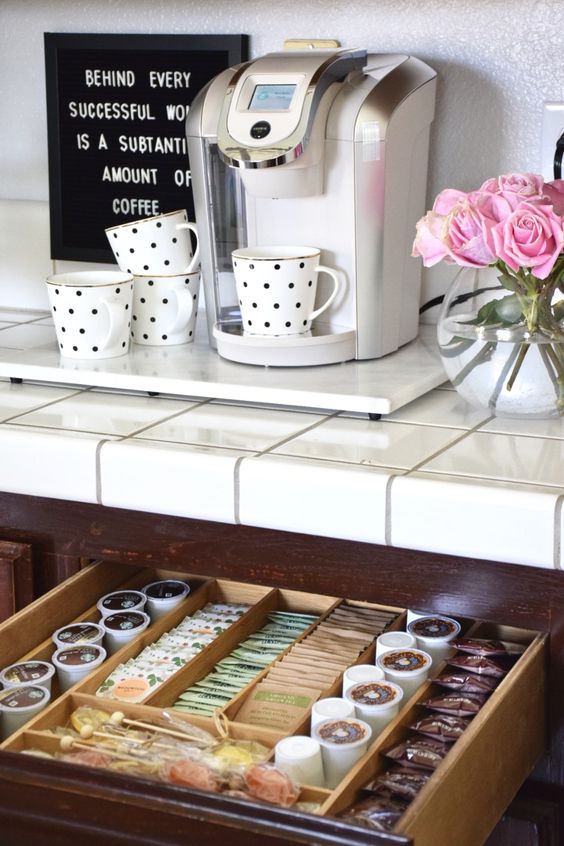 if your rental doesn't have a kitchen, make a coffee station or a drink cart to make your guests happy