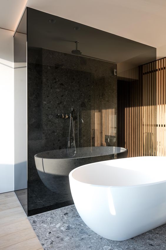 a contemporary space with a shower enclosed in smoked glass makes it separated and bolder