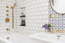 06 neutral tiles – square ones and penny hex tiles plus an accent with blue and white mosaic tiles over the sink