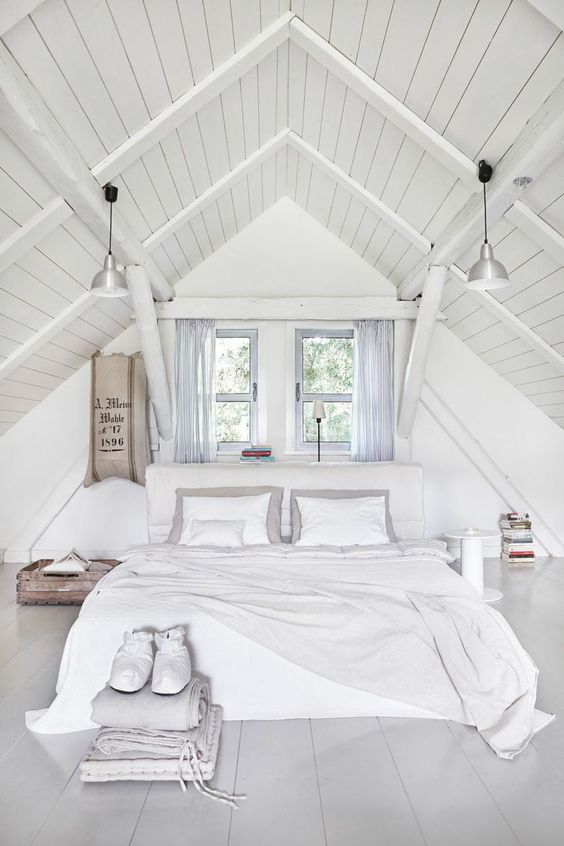 Here's a nice example of pulling off all neutral of the same shade in an attic bedroom, it looks much bigger