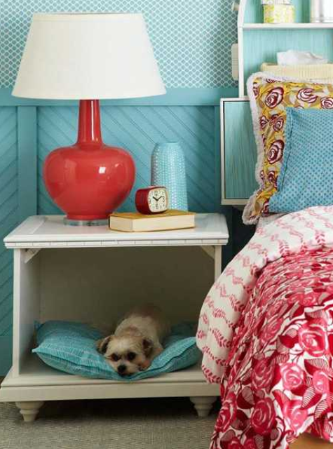 a simple bedside table with taken away drawers and a pet space instead to let your dog sleep by your side