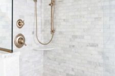 08 grey marble tiles – square ones on the walls and penny hex tiles on the floor create a chic and neutral combo for a bathroom