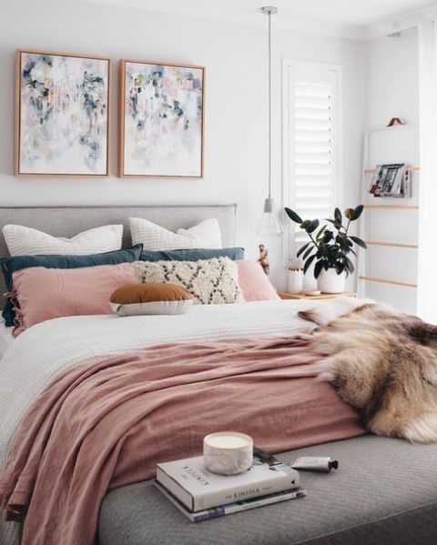 infuse your bedroom with color easily - add dusty pink bedding elements for a cute touch