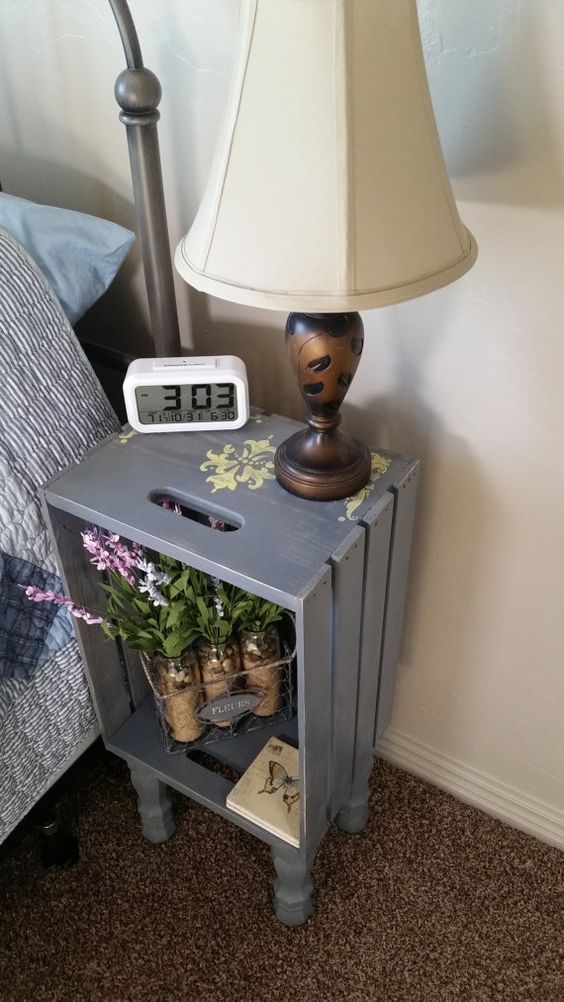 A grey bedside table of a Knagglig box placed on legs is a very vintage like option
