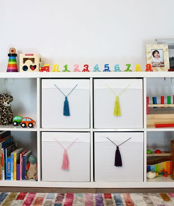 a simple IKEA Hack - add tassels to your plain drona boxes to give them a colourful pop and flair